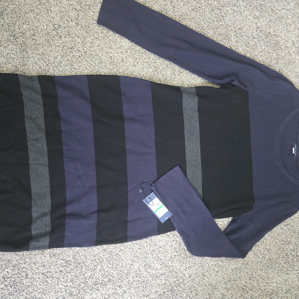 Womens Striped Crewneck Long-Sleeve Sweater Dress Black & Navy